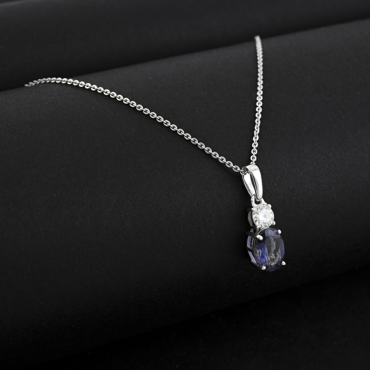 D'Joy Catalina Iolite and Moissanite 1.25 ctw Timeless Grace Pendant Necklace in Rhodium Over Sterling Silver 20 Inches image number 1