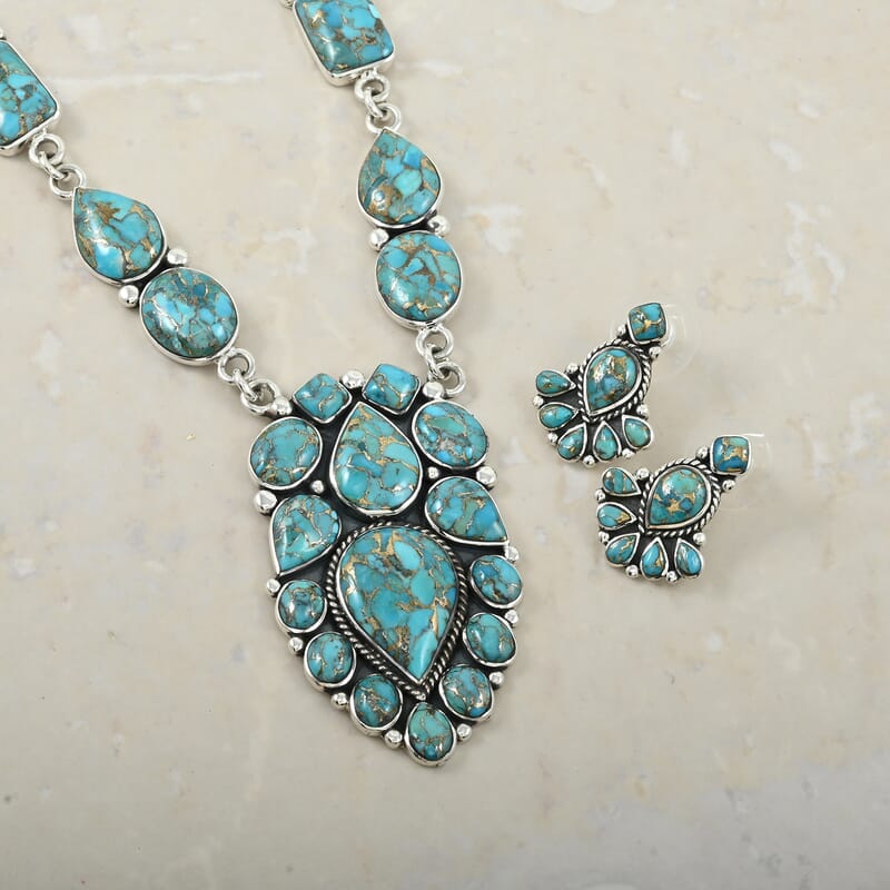 Santa Fe Style Mojave Turquoise 122.00 ctw Necklace 18 Inches and Earrings in Sterling Silver