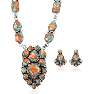Santa Fe Style Spiny Turquoise 122.00 ctw Necklace 18 Inches and Earrings in Sterling Silver