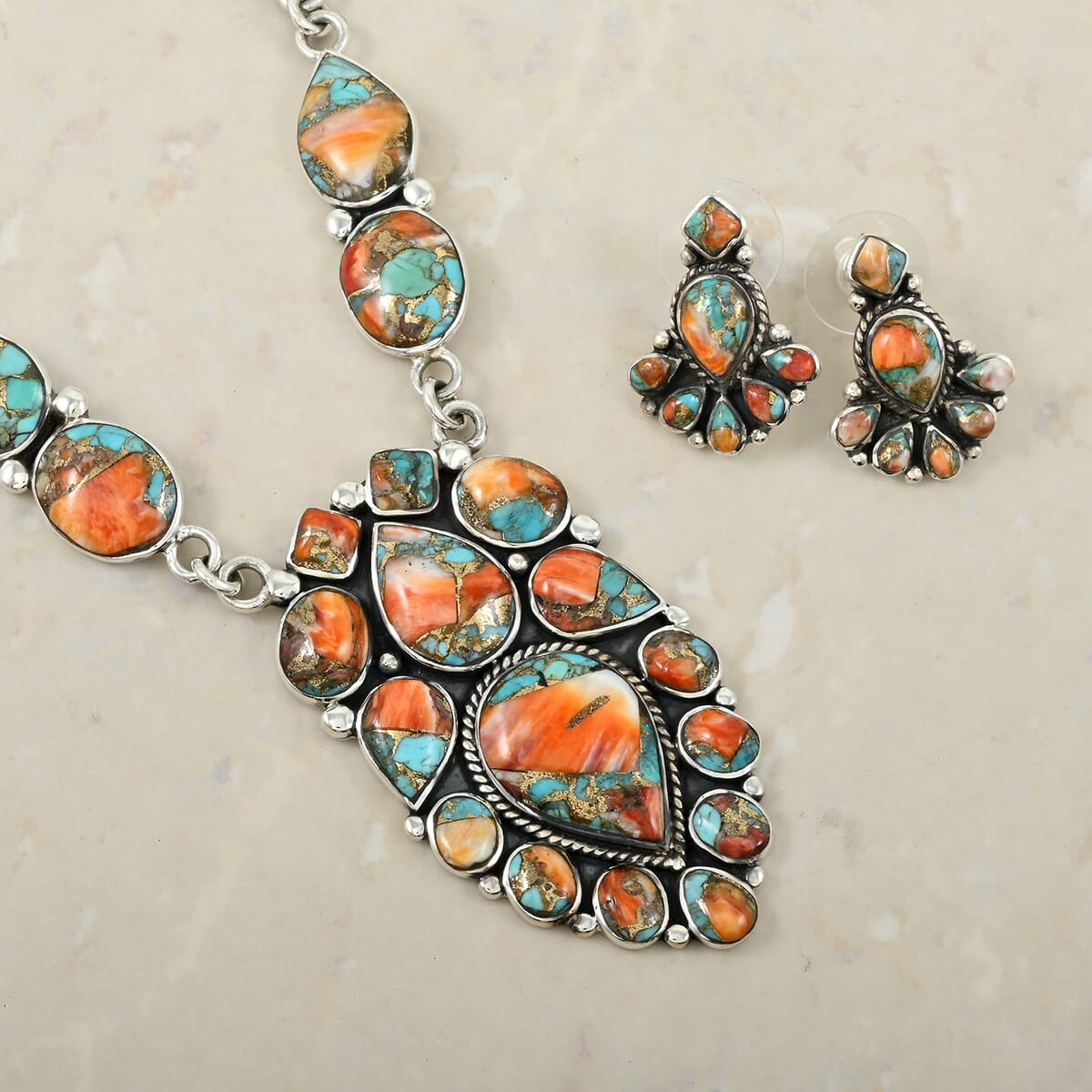 Santa Fe Style Spiny Turquoise 122.00 ctw Necklace 18 Inches and Earrings in Sterling Silver image number 1