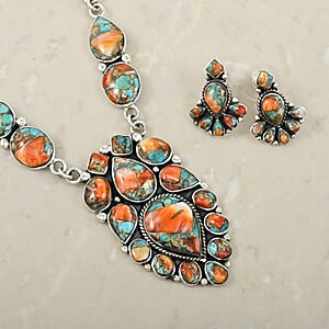 Santa Fe Style Spiny Turquoise 122.00 ctw Necklace 18 Inches and Earrings in Sterling Silver