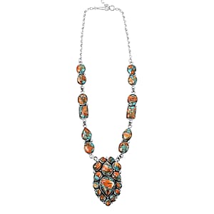 Santa Fe Style Spiny Turquoise 122.00 ctw Necklace 18 Inches and Earrings in Sterling Silver