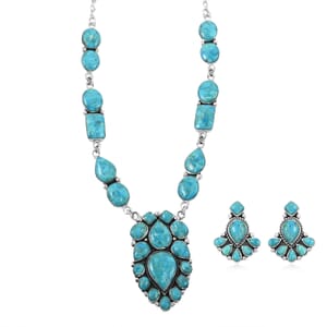 Santa Fe Style Kingman Turquoise 122.00 ctw Necklace 18 Inches and Earrings in Sterling Silver