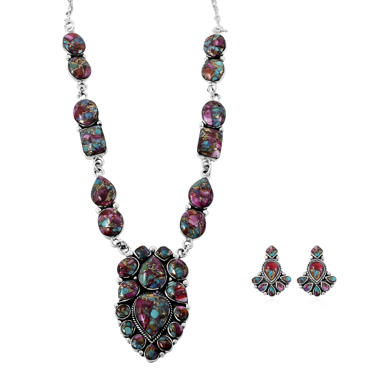 Santa Fe Style Multi Gemstone 122.00 ctw Necklace 18 Inches and Earrings in Sterling Silver image number 0