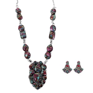 Santa Fe Style Multi Gemstone 122.00 ctw Necklace 18 Inches and Earrings in Sterling Silver