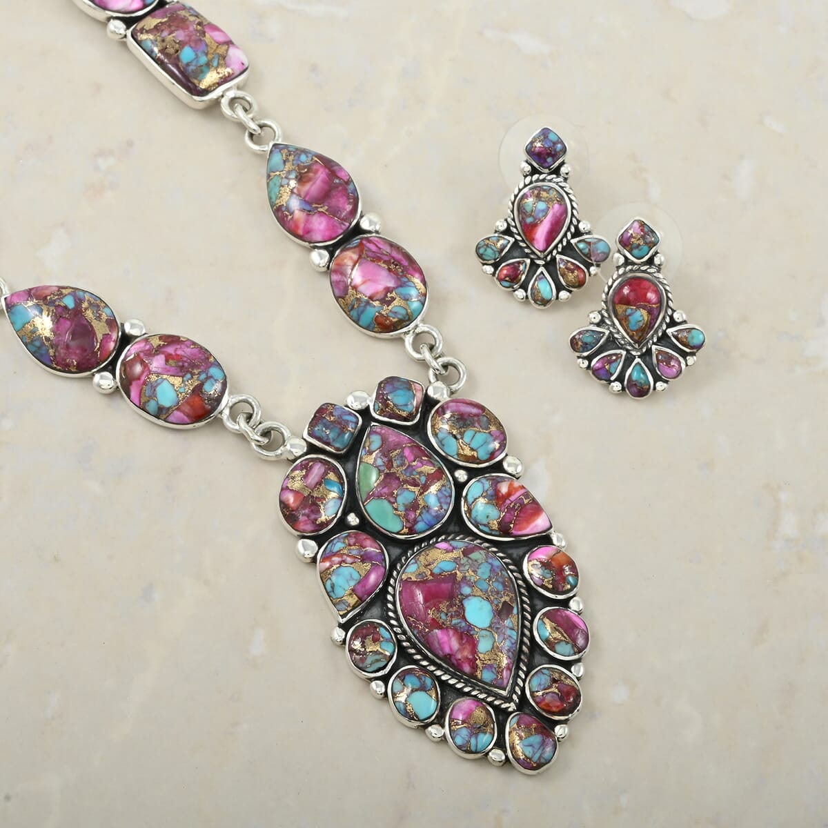 Santa Fe Style Multi Gemstone 122.00 ctw Necklace 18 Inches and Earrings in Sterling Silver image number 1