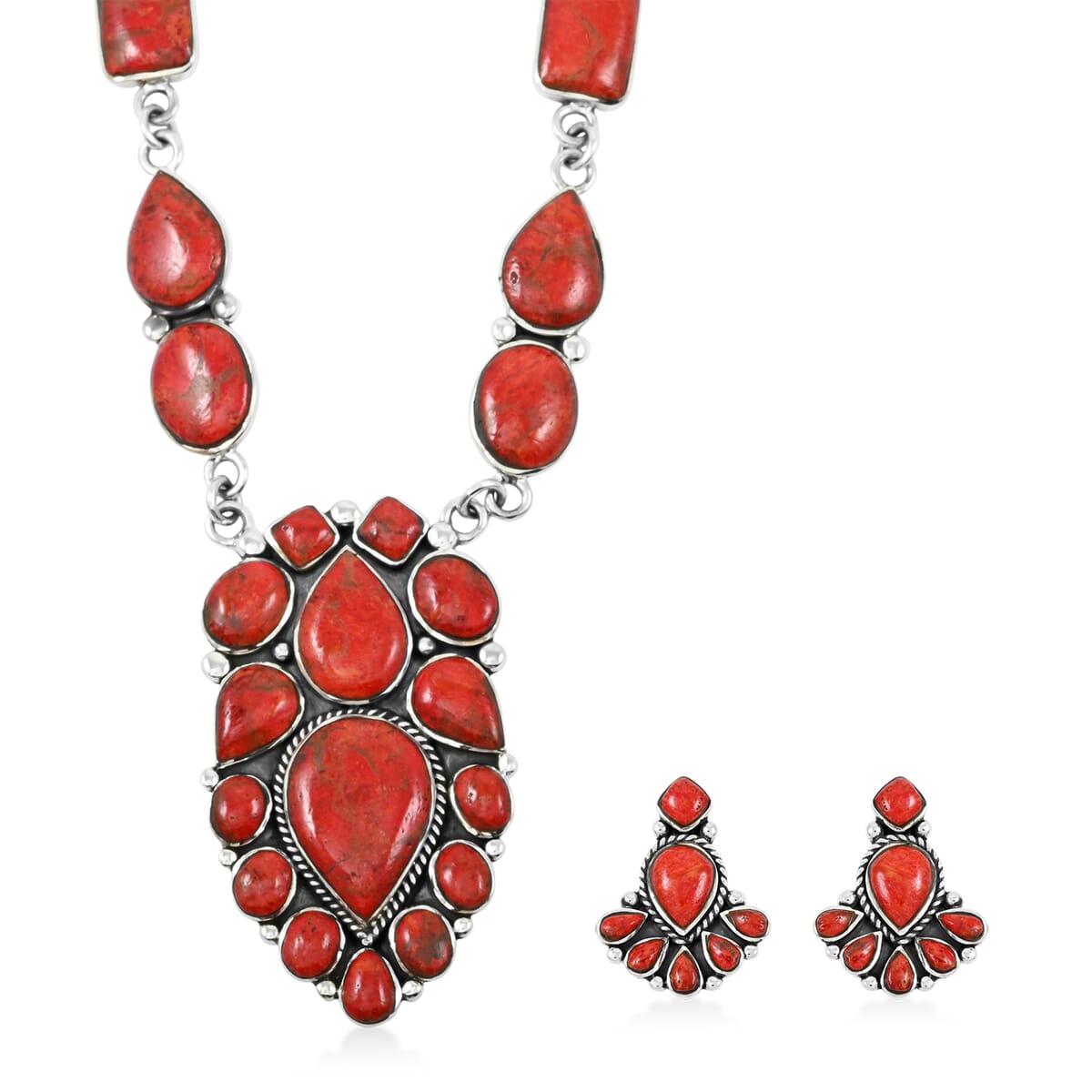 Santa Fe Style Enhanced Red Coral 122.00 ctw Necklace 18 Inches and Earrings in Sterling Silver image number 0