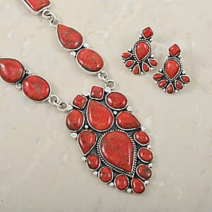Santa Fe Style Enhanced Red Coral 122.00 ctw Necklace 18 Inches and Earrings in Sterling Silver
