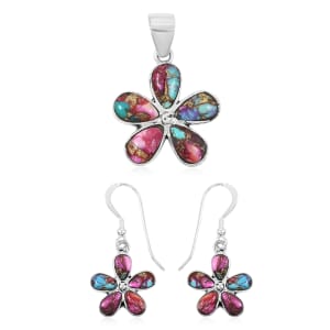 Santa Fe Style Multi Gemstone 5.75 ctw Pendant and Earrings in Sterling Silver