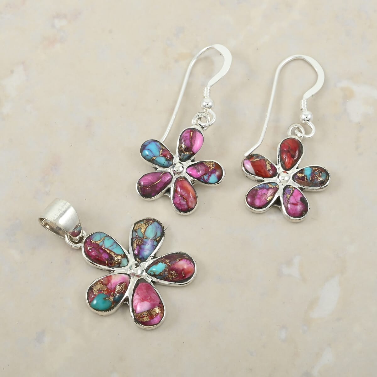 Santa Fe Style Multi Gemstone 5.75 ctw Pendant and Earrings in Sterling Silver image number 1