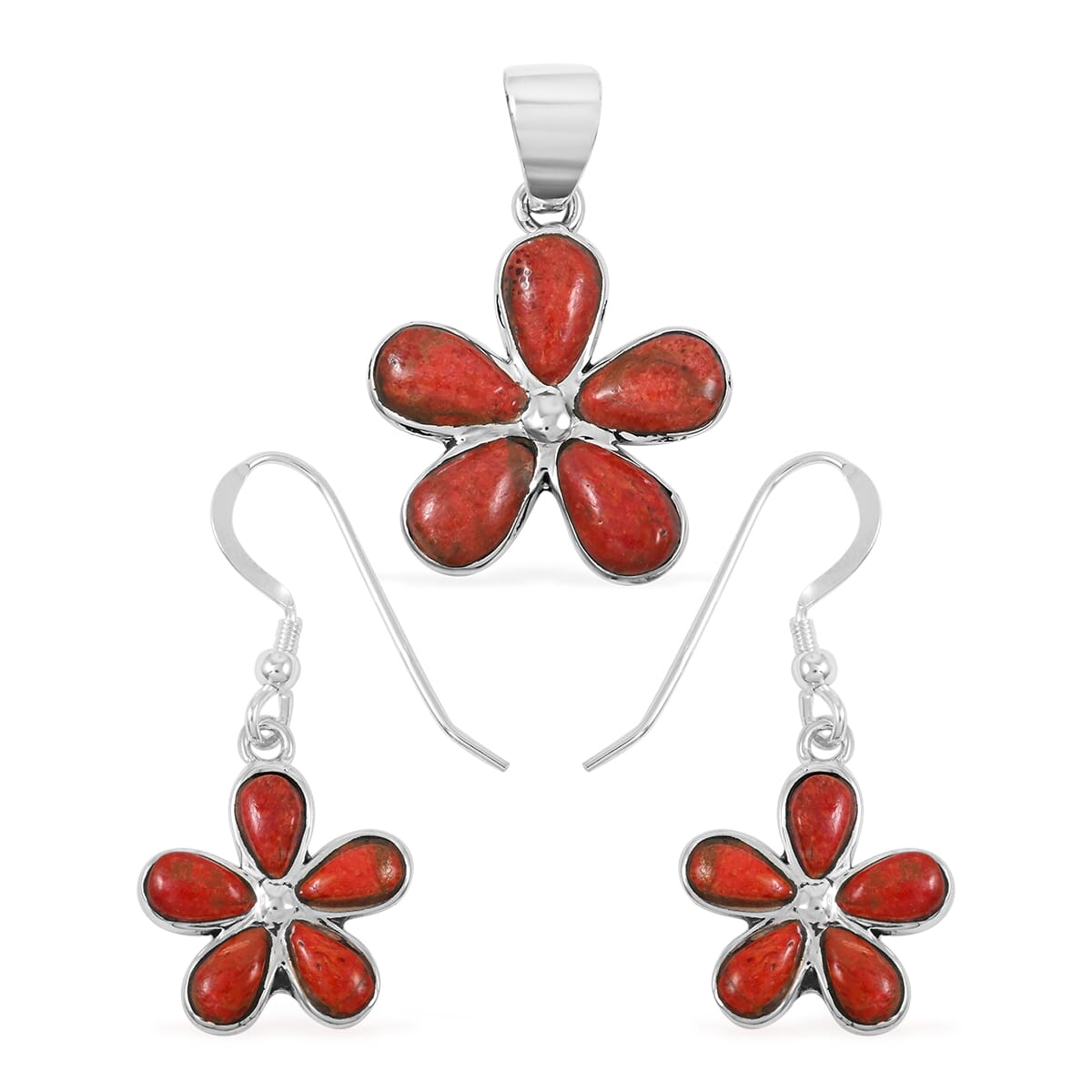 Santa Fe Style Enhanced Red Coral 5.75 ctw Pendant and Earrings in Sterling Silver image number 0