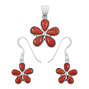 Santa Fe Style Enhanced Red Coral 5.75 ctw Pendant without Chain and Earrings in Sterling Silver