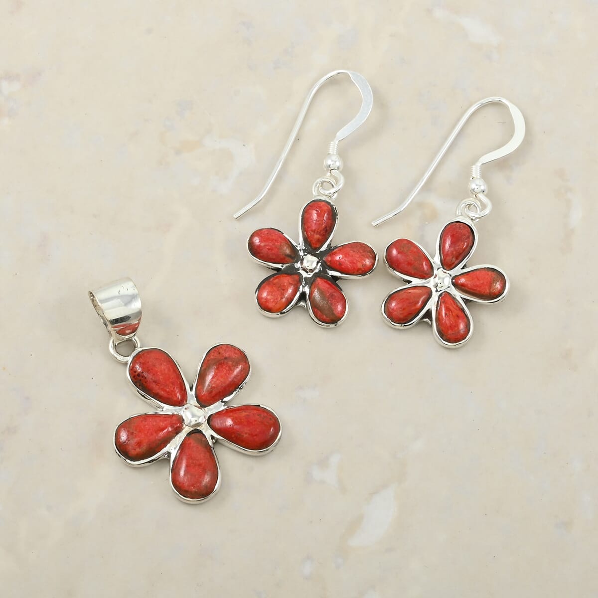 Santa Fe Style Enhanced Red Coral 5.75 ctw Pendant and Earrings in Sterling Silver image number 1