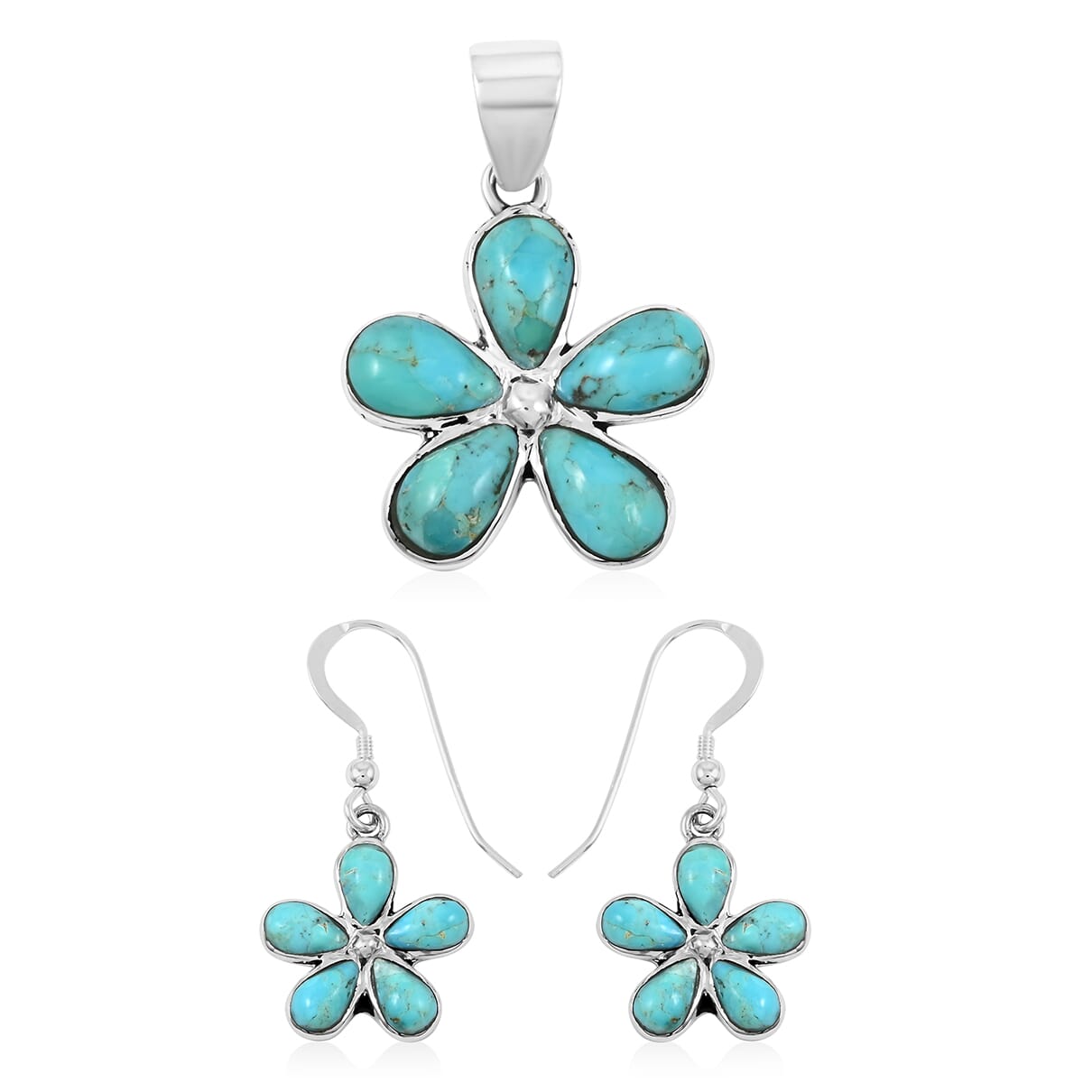 Santa Fe Style Kingman Turquoise 5.75 ctw Pendant and Earrings in Sterling Silver image number 0
