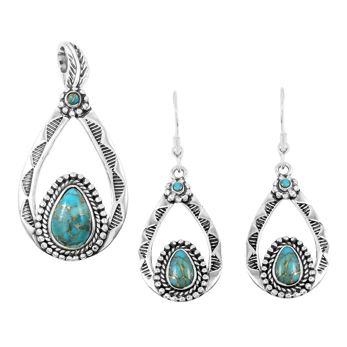 Santa Fe Style Mojave Turquoise 7.00 ctw Pendant and Earrings in Sterling Silver image number 0
