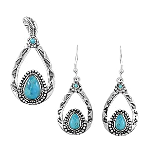 Santa Fe Style Kingman Turquoise Pendant without Chain and Earrings in Sterling Silver 7.00 ctw
