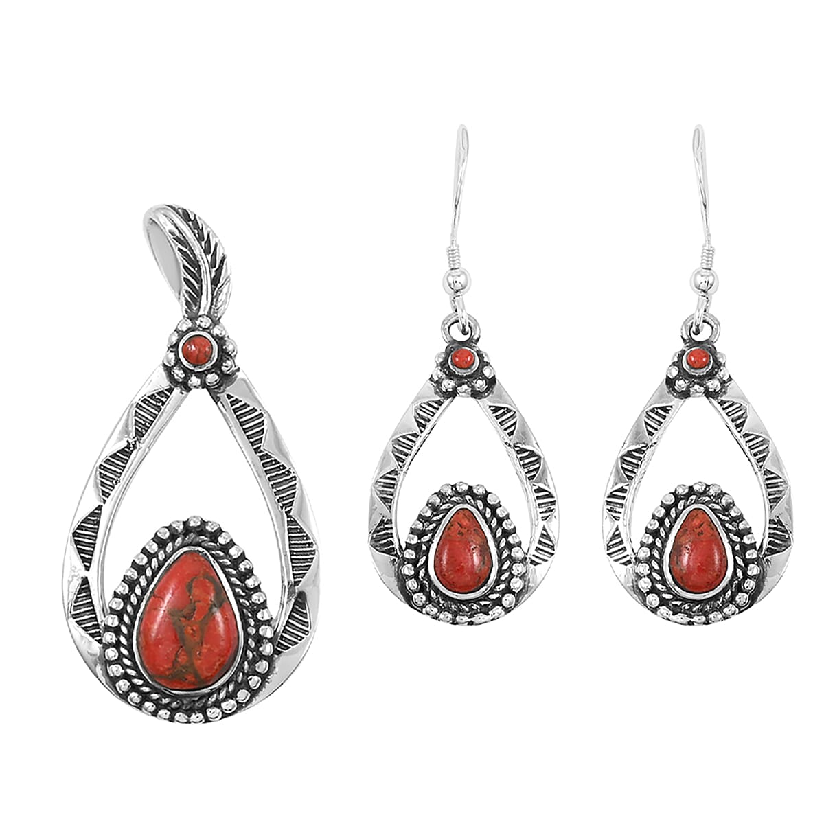 Santa Fe Style Enhanced Red Coral Pendant without Chain and Earrings in Sterling Silver 7.00 ctw image number 0