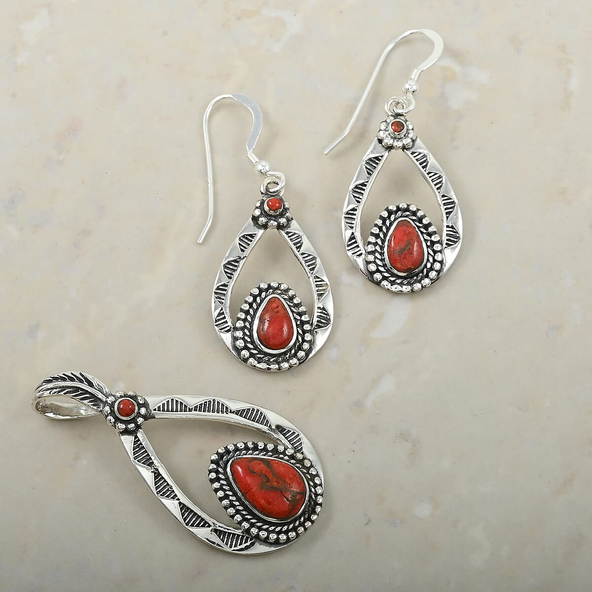 Santa Fe Style Enhanced Red Coral Pendant without Chain and Earrings in Sterling Silver 7.00 ctw image number 1