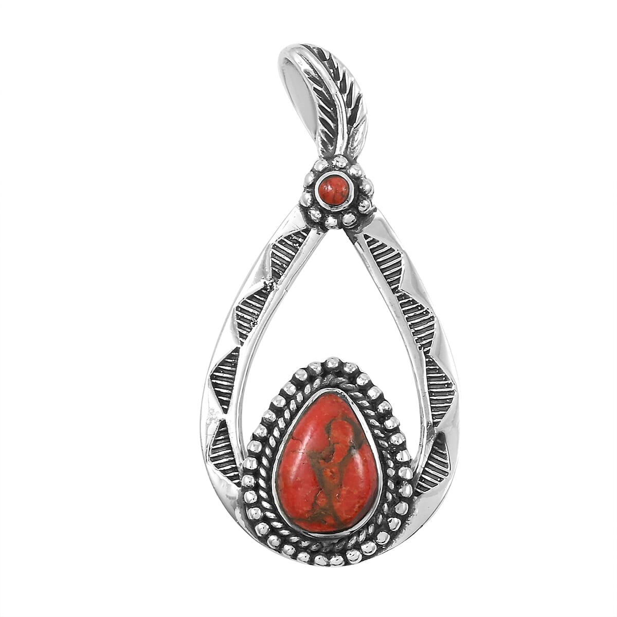 Santa Fe Style Enhanced Red Coral Pendant without Chain and Earrings in Sterling Silver 7.00 ctw image number 2