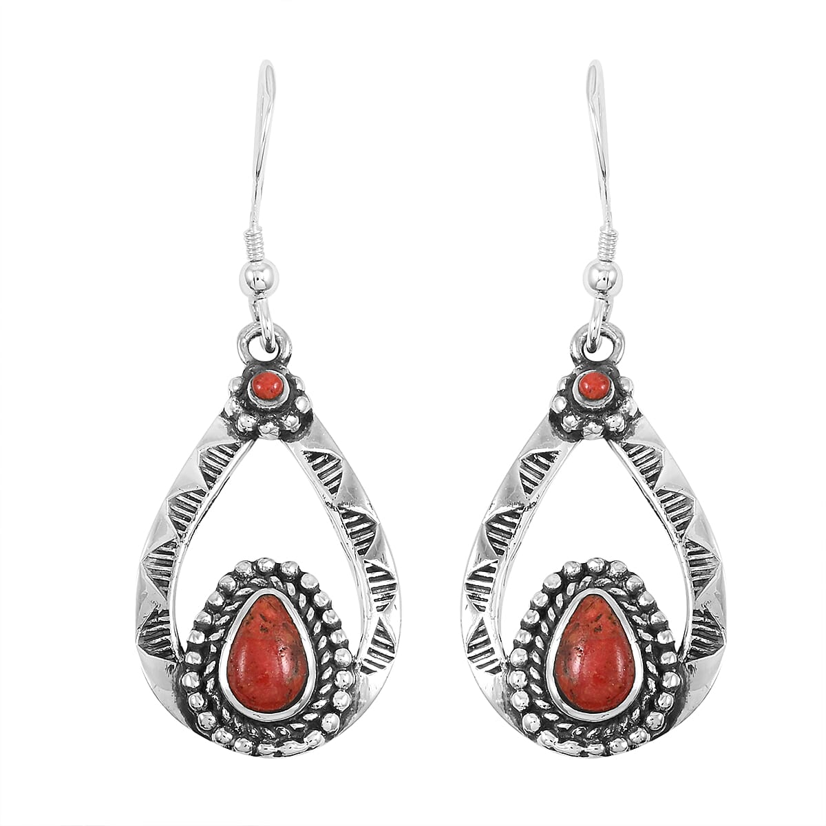 Santa Fe Style Enhanced Red Coral Pendant without Chain and Earrings in Sterling Silver 7.00 ctw image number 5