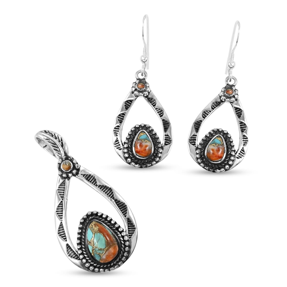 Santa Fe Style Spiny Turquoise 7.00 ctw Pendant and Earrings in Sterling Silver image number 0