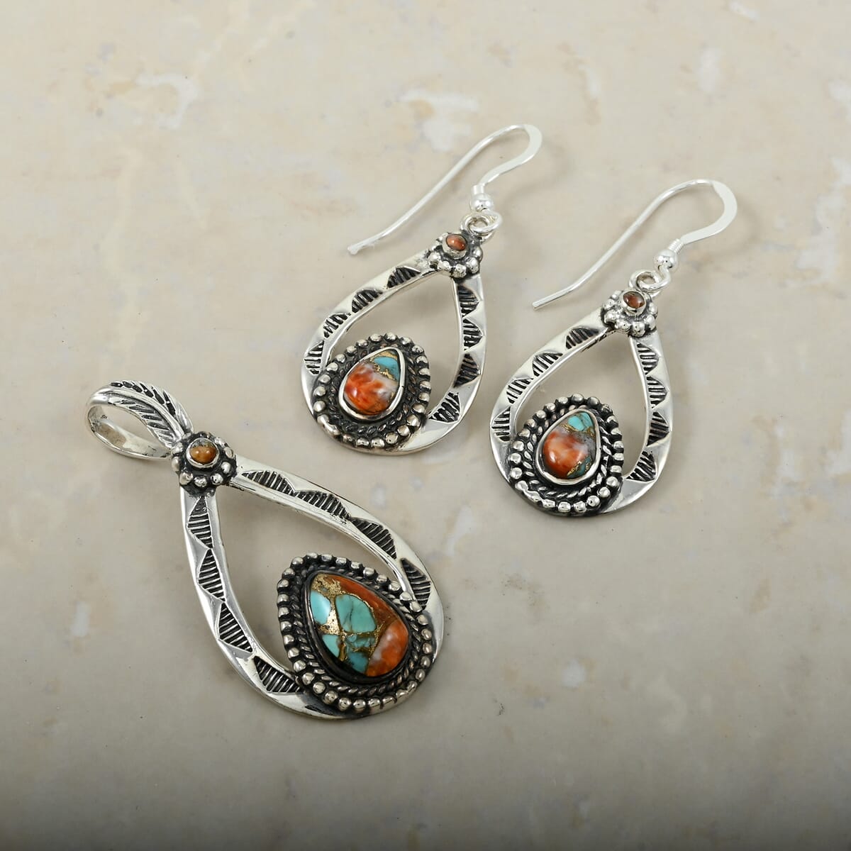 Santa Fe Style Spiny Turquoise 7.00 ctw Pendant and Earrings in Sterling Silver image number 1