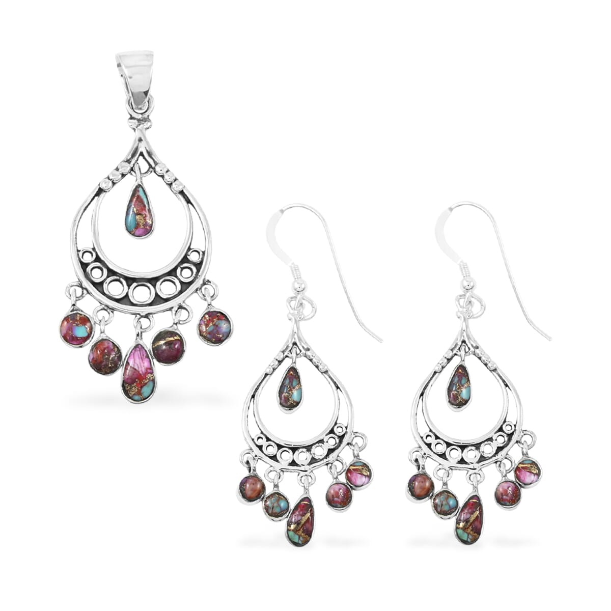 Santa Fe Style Multi Gemstone 18.00 ctw Pendant and Earrings in Sterling Silver image number 0