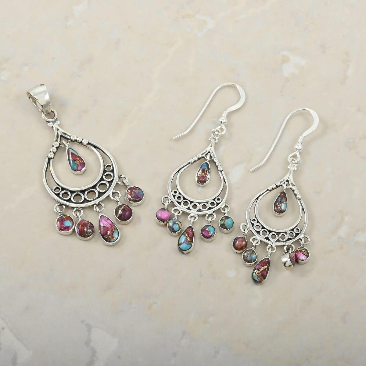 Santa Fe Style Multi Gemstone 18.00 ctw Pendant and Earrings in Sterling Silver image number 1