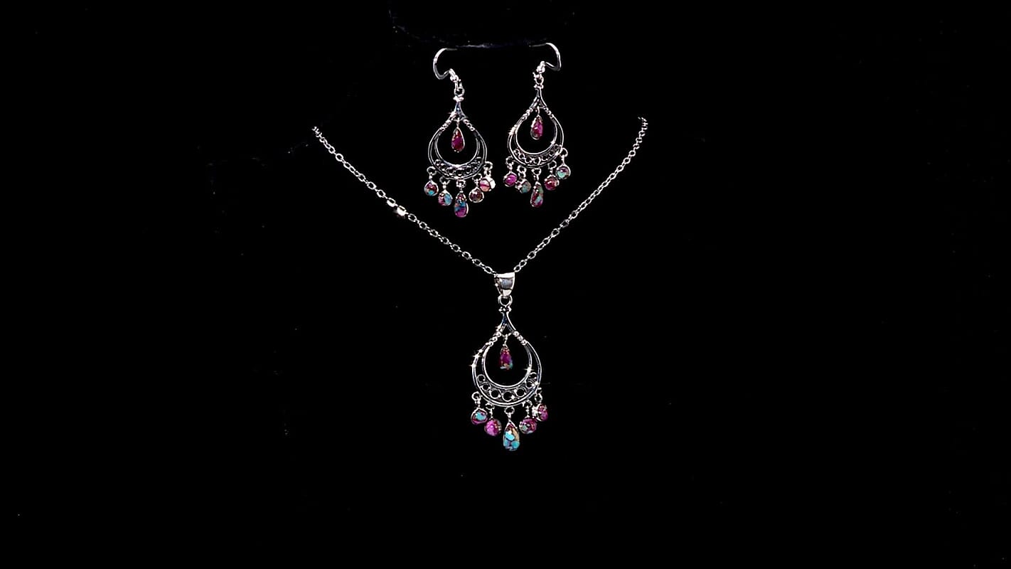 Santa Fe Style Multi Gemstone 18.00 ctw Pendant and Earrings in Sterling Silver