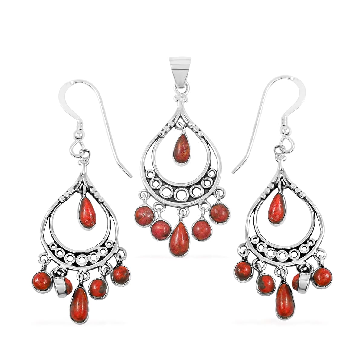 Santa Fe Style Enhanced Red Coral Pendant and Earrings in Sterling Silver image number 0