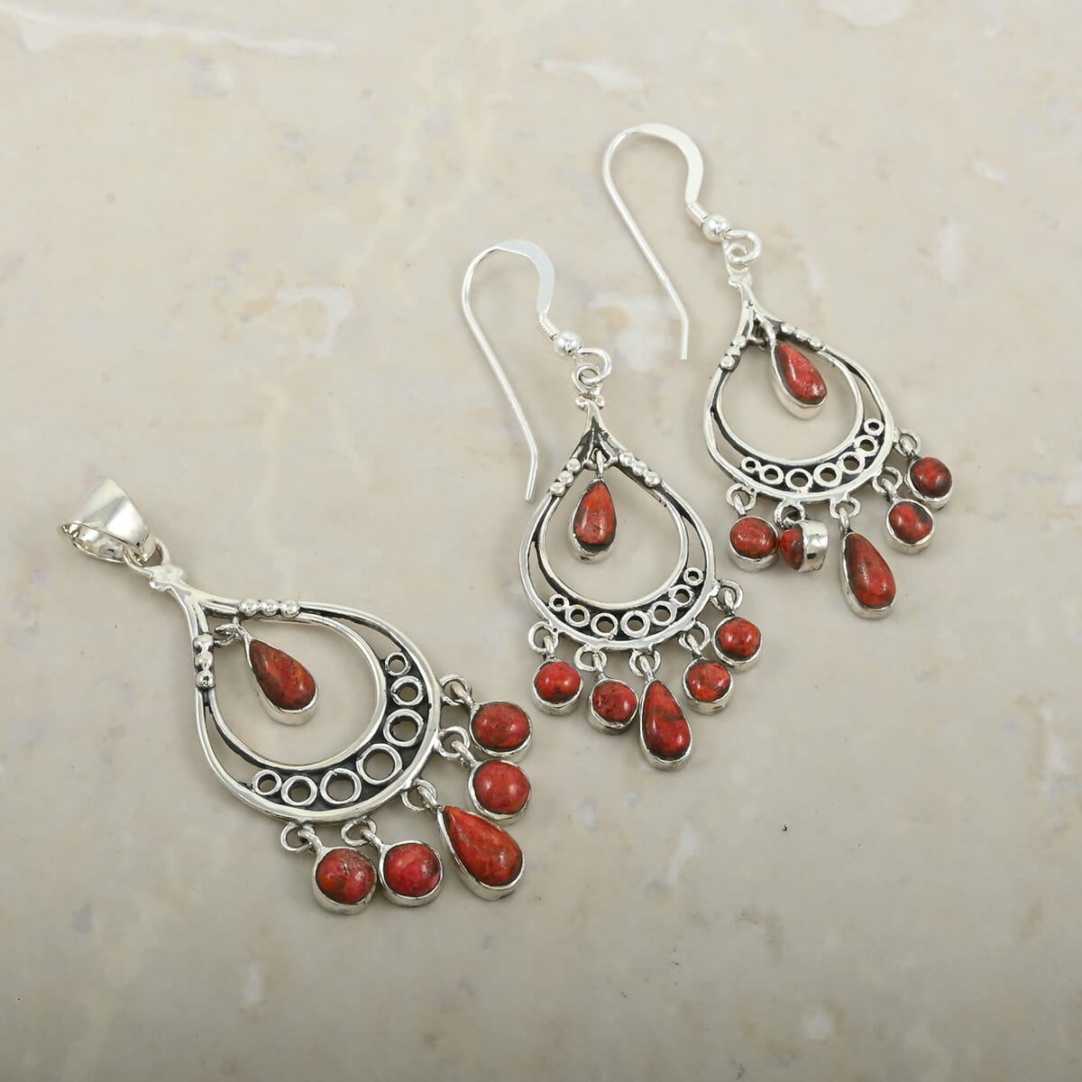Santa Fe Style Enhanced Red Coral Pendant and Earrings in Sterling Silver image number 1