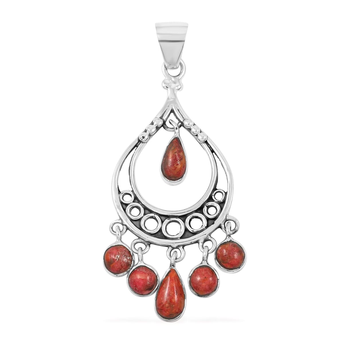Santa Fe Style Enhanced Red Coral Pendant and Earrings in Sterling Silver image number 2