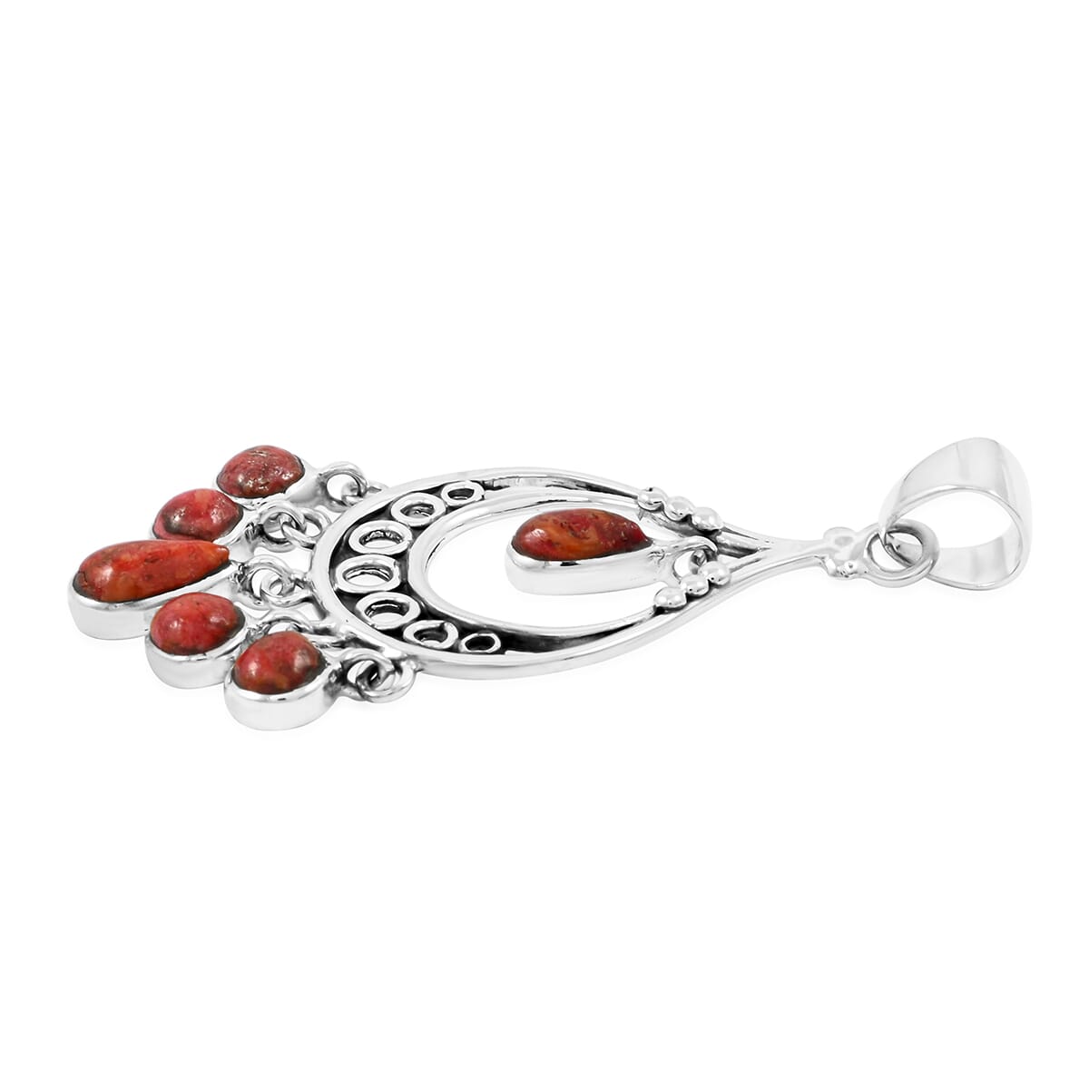 Santa Fe Style Enhanced Red Coral Pendant and Earrings in Sterling Silver image number 3