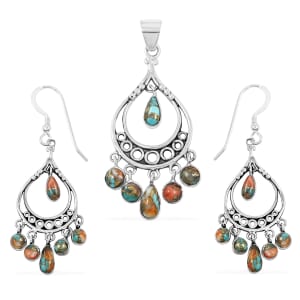 Santa Fe Style Spiny Turquoise 18.00 ctw Pendant and Earrings in Sterling Silver
