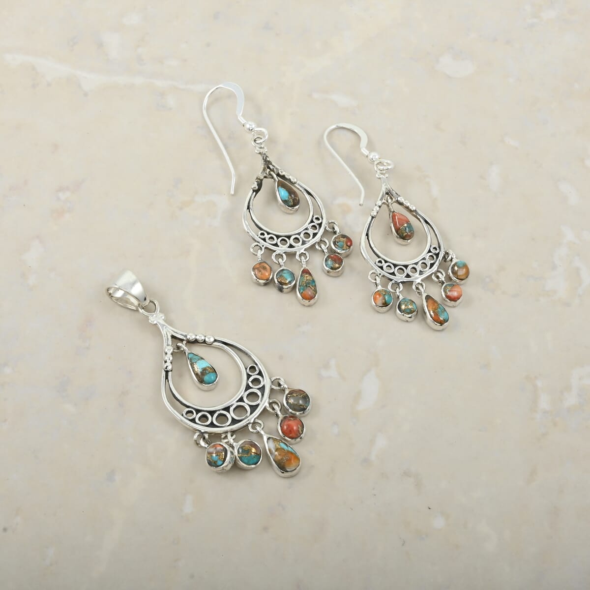 Santa Fe Style Spiny Turquoise 18.00 ctw Pendant and Earrings in Sterling Silver image number 1