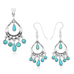 Santa Fe Style Kingman Turquoise 18.00 ctw Pendant and Earrings in Sterling Silver