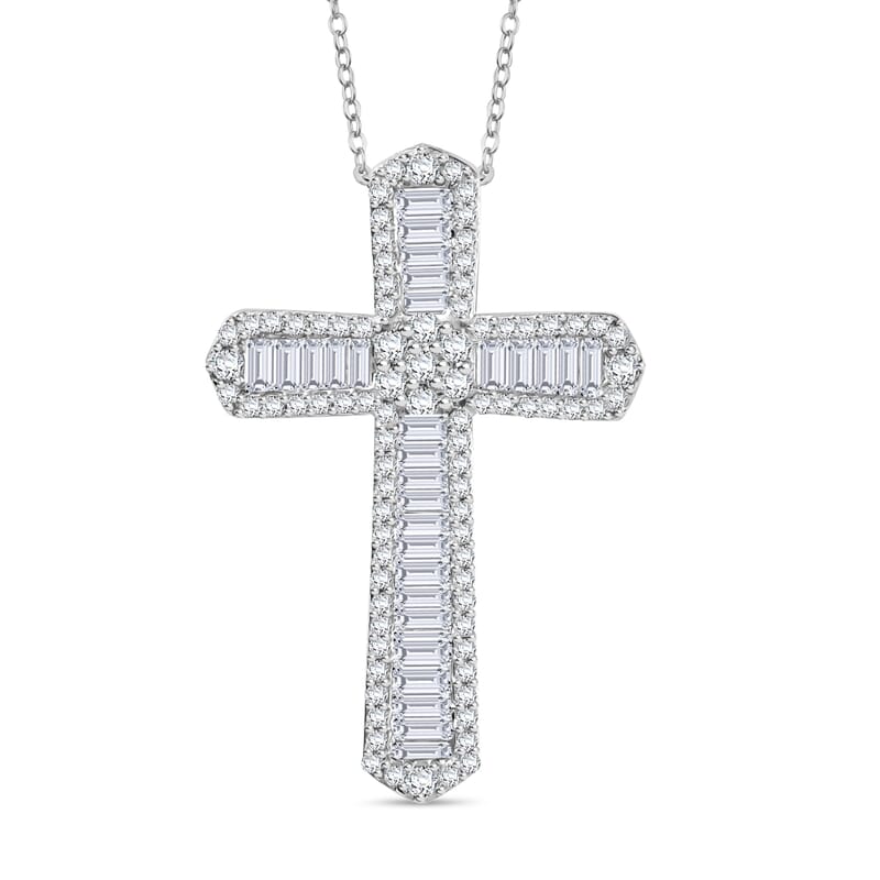 D'Joy Diamond 1.00 ctw Cross Pendant Necklace 20 Inches in Rhodium Over Sterling Silver
