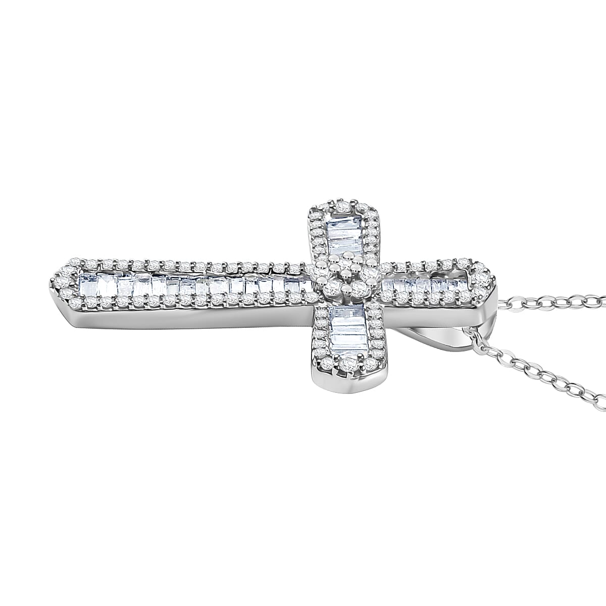 D'Joy Diamond Cross Pendant Necklace (20 Inches) in Rhodium Over Sterling Silver 1.00 ctw image number 3