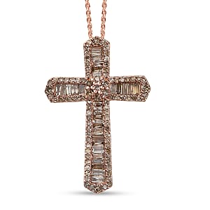 D'Joy Natural Champagne Diamond 1.00 ctw Cross Pendant Necklace 20 Inches in 18K Vermeil Rose Gold Over Sterling Silver 