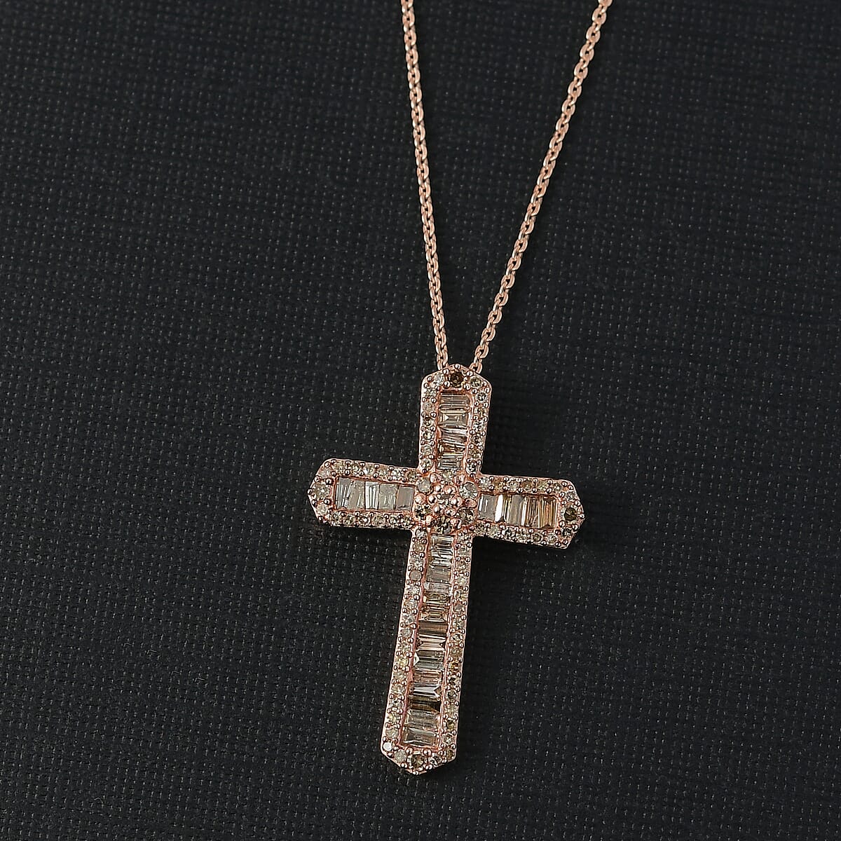 D'Joy Natural Champagne Diamond 1.00 ctw Cross Pendant Necklace 20 Inches in 18K Vermeil Rose Gold Over Sterling Silver  image number 1
