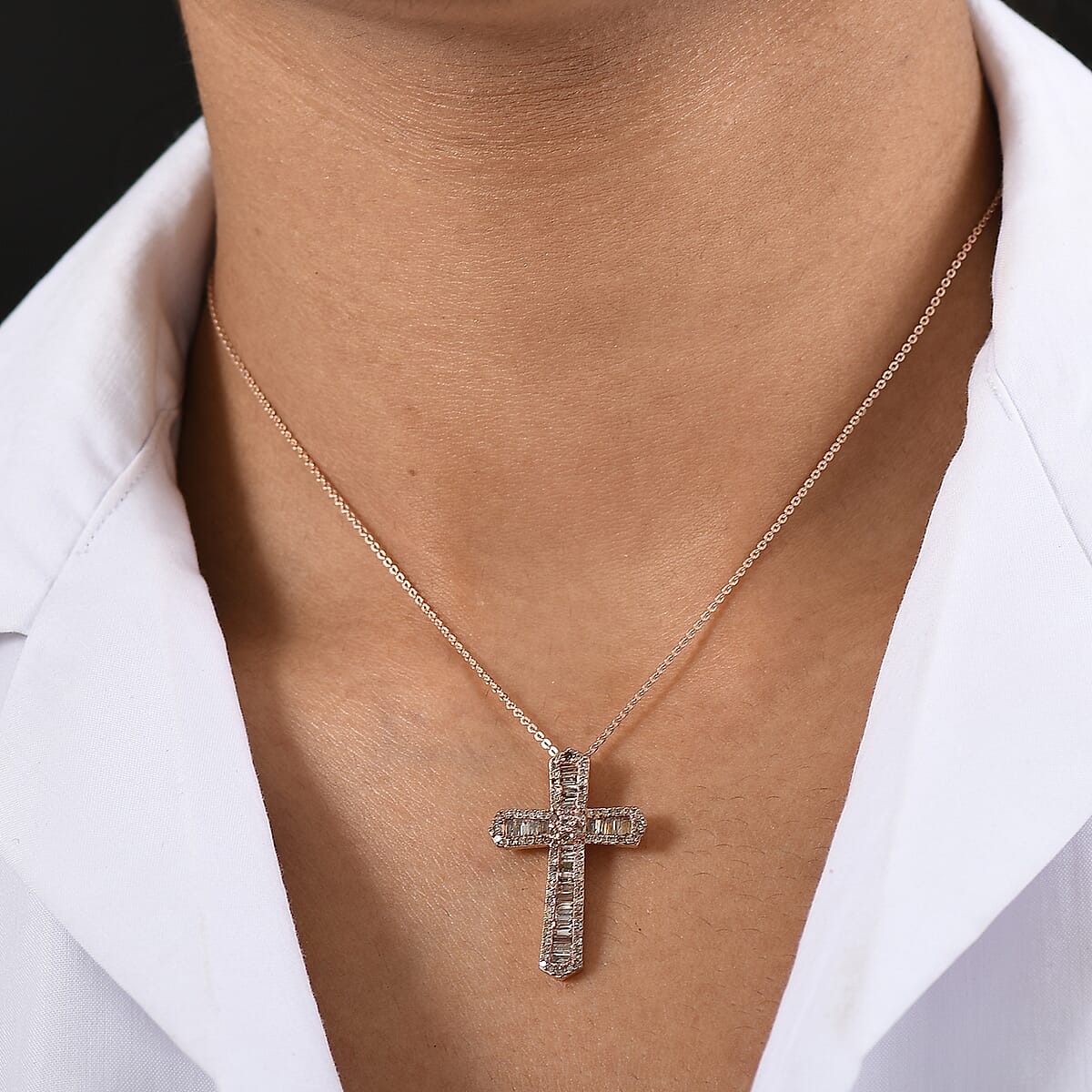 D'Joy Natural Champagne Diamond 1.00 ctw Cross Pendant Necklace 20 Inches in 18K Vermeil Rose Gold Over Sterling Silver  image number 2