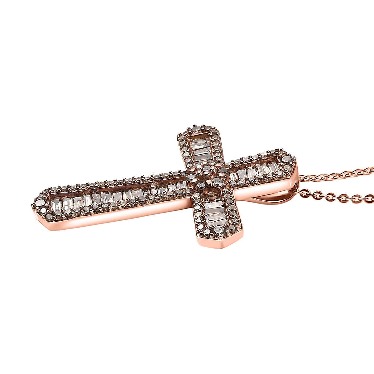 D'Joy Natural Champagne Diamond 1.00 ctw Cross Pendant Necklace 20 Inches in 18K Vermeil Rose Gold Over Sterling Silver  image number 3