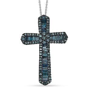 D'Joy Blue Diamond 1.00 ctw Cross Pendant Necklace 20 Inches in Rhodium Over Sterling Silver
