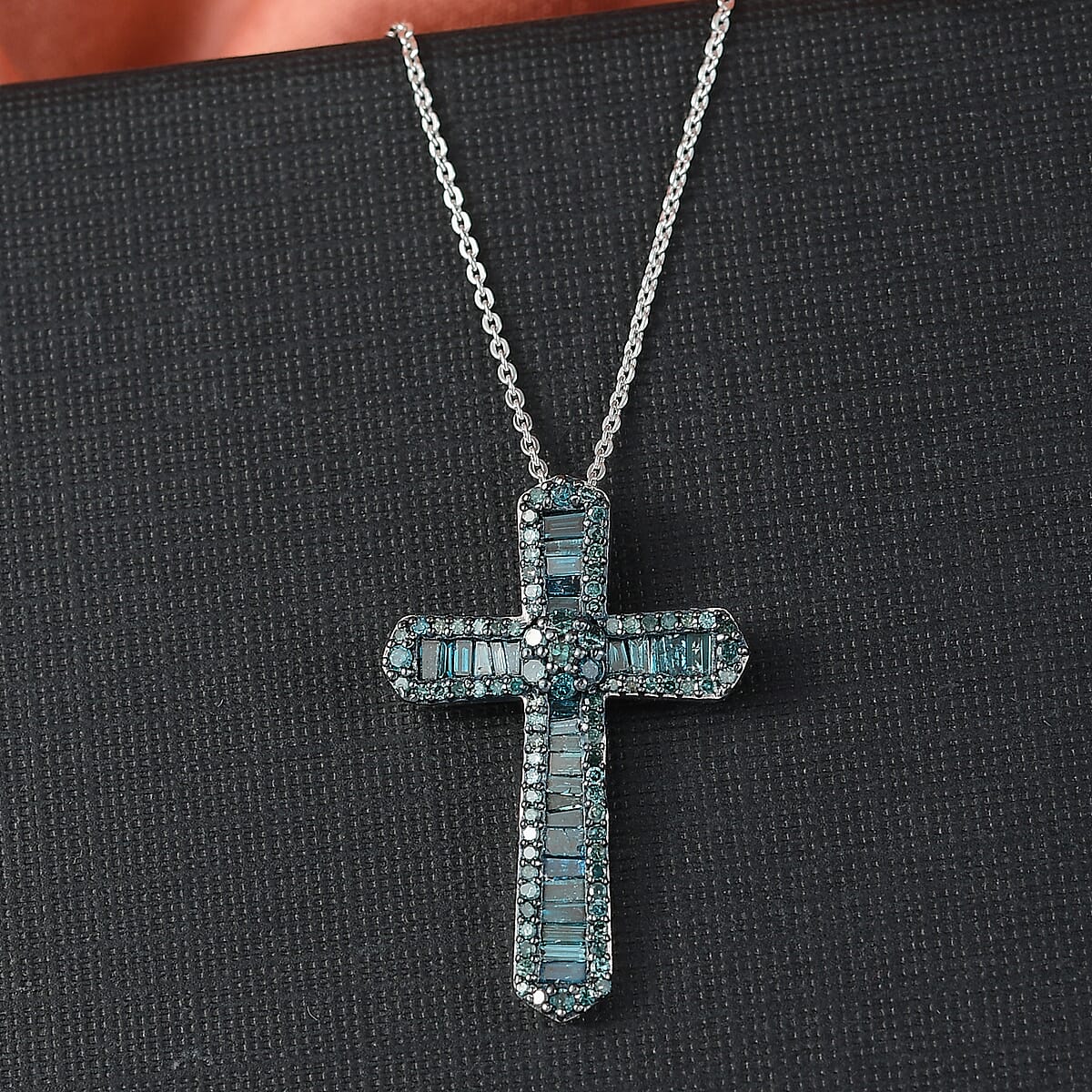 D'Joy Blue Diamond 1.00 ctw Cross Pendant Necklace 20 Inches in Rhodium Over Sterling Silver image number 1