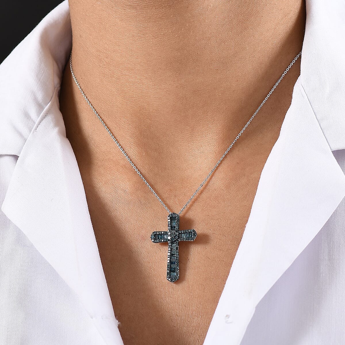 D'Joy Blue Diamond 1.00 ctw Cross Pendant Necklace 20 Inches in Rhodium Over Sterling Silver image number 2