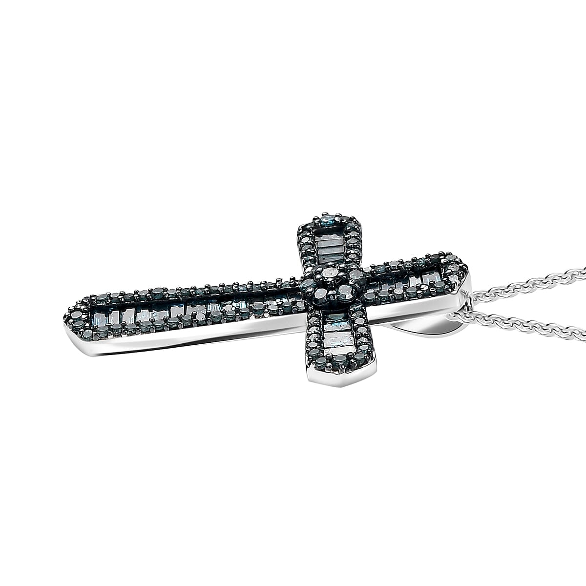 D'Joy Blue Diamond 1.00 ctw Cross Pendant Necklace 20 Inches in Rhodium Over Sterling Silver image number 3