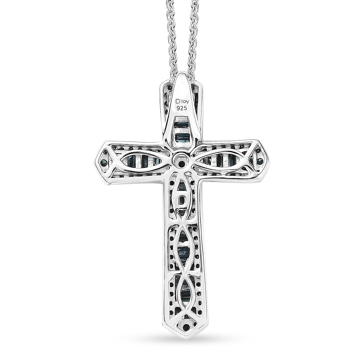 D'Joy Blue Diamond 1.00 ctw Cross Pendant Necklace 20 Inches in Rhodium Over Sterling Silver image number 4