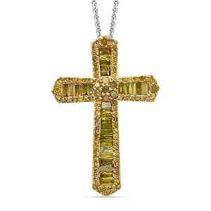 D'Joy Yellow Diamond 1.00 ctw Cross Pendant Necklace 20 Inches in Rhodium Over Sterling Silver 