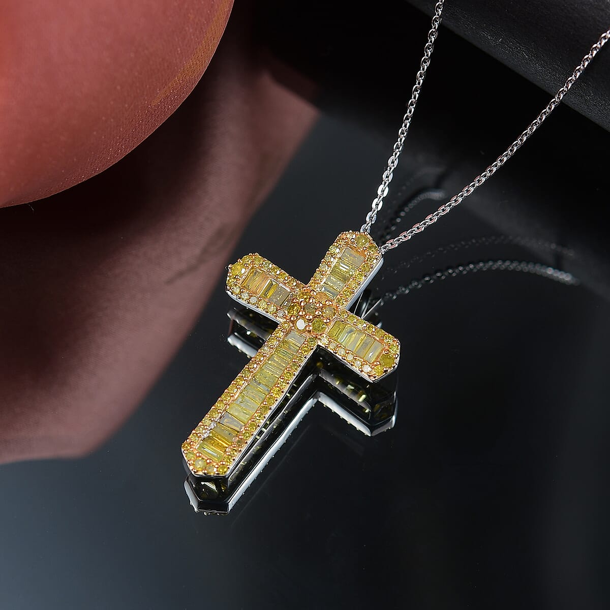 D'Joy Yellow Diamond 1.00 ctw Cross Pendant Necklace 20 Inches in Rhodium Over Sterling Silver  image number 1