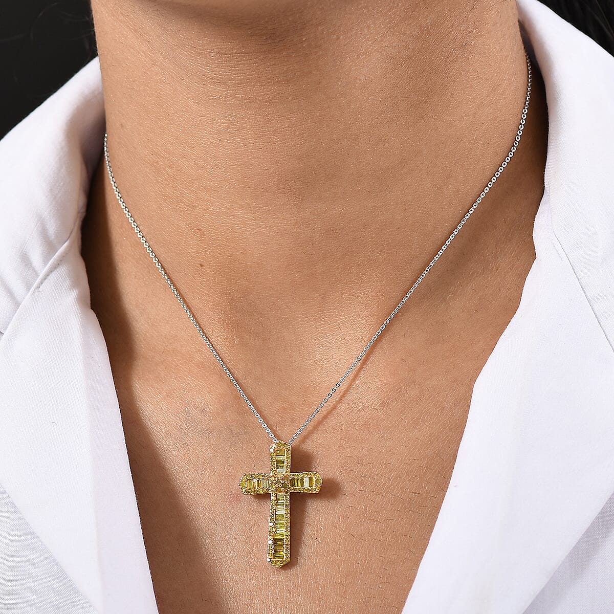 D'Joy Yellow Diamond 1.00 ctw Cross Pendant Necklace 20 Inches in Rhodium Over Sterling Silver  image number 2